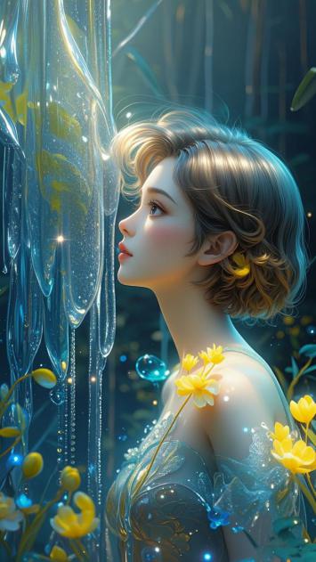 仙气少女凝望水晶瀑布，梦幻森林光影交织