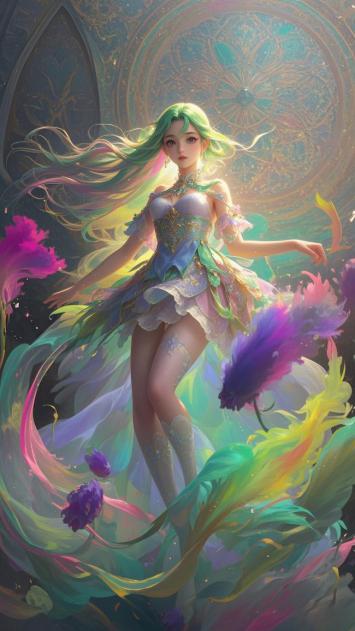 绿发仙子悬浮幻境，霓虹羽翼舞动星空