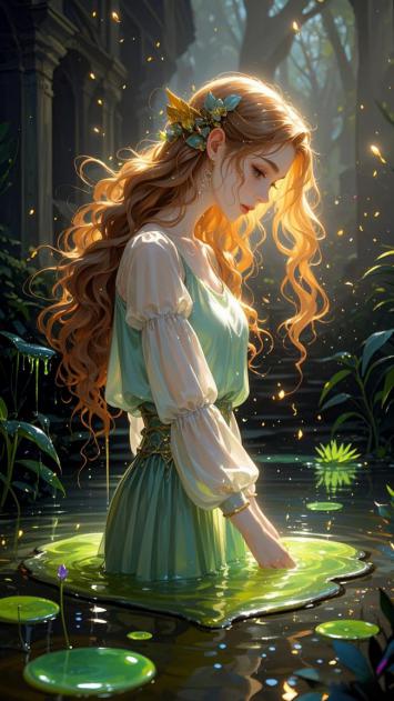 森林女神立于荧光水潭，晨光碎影如梦似幻