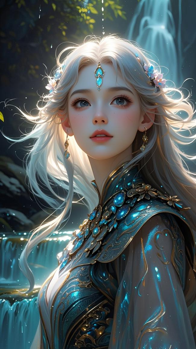 银发仙子立瀑林间，蓝金战甲映水光