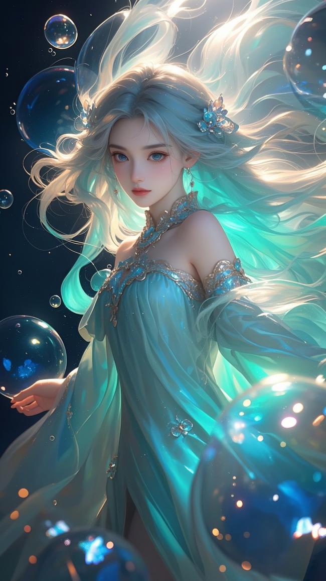 银发仙子悬浮泡泡间，3D梦幻光影盛宴