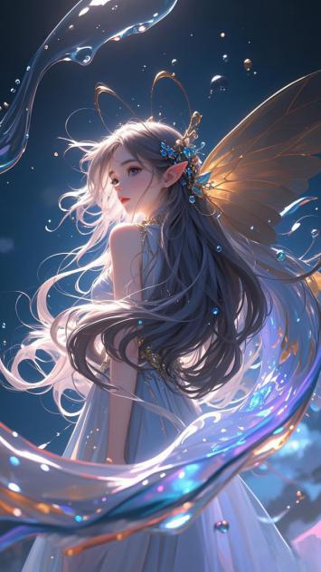 水精灵少女3D插画，梦幻星夜光影