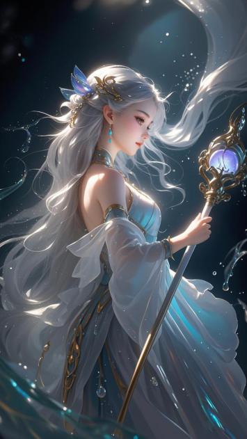 银发仙姬持法杖立星海，仙侠幻想唯美插画