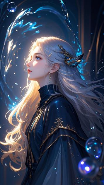 银发魔女水光侧影 · 高清奇幻角色设计