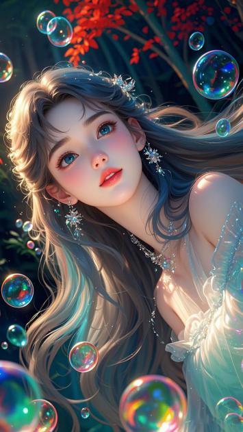 蓝发少女泡泡梦境插画