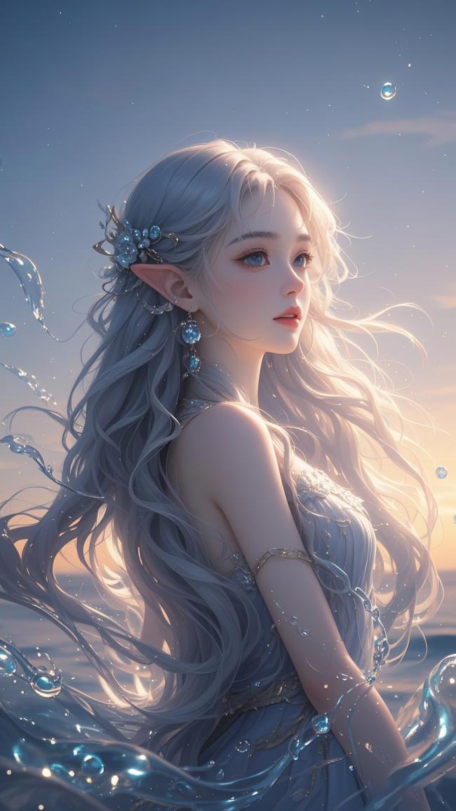 银发精灵少女水下写真油画风