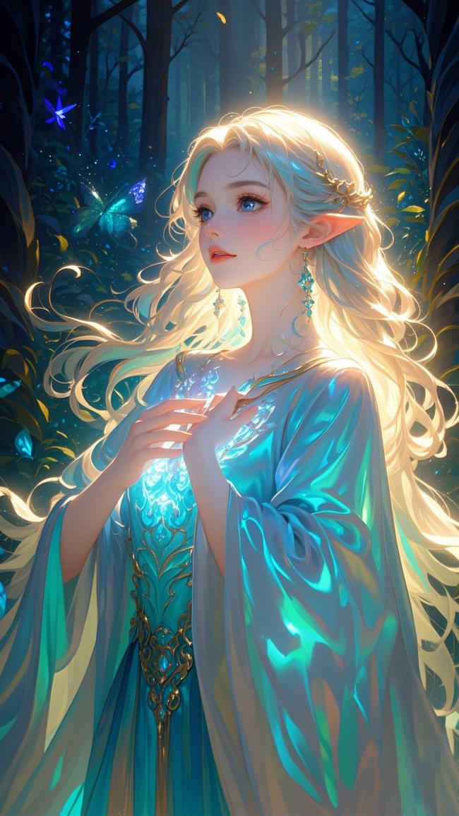 幽林精灵手持魔法光球，梦幻蓝调治愈系插画