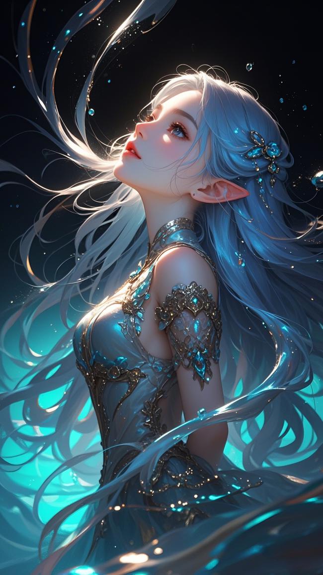 银发精灵少女仰望星海，梦幻光影交织