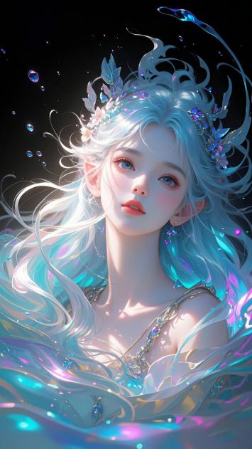 蓝发精灵少女水下幻境肖像