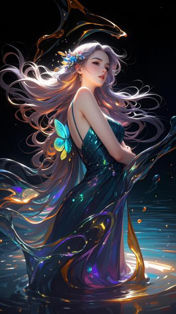 银发仙子水中舞，流光蝶影幻境图