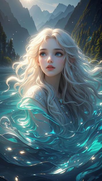 银发少女沉浸山湖之境，奇幻光影交织梦幻画面