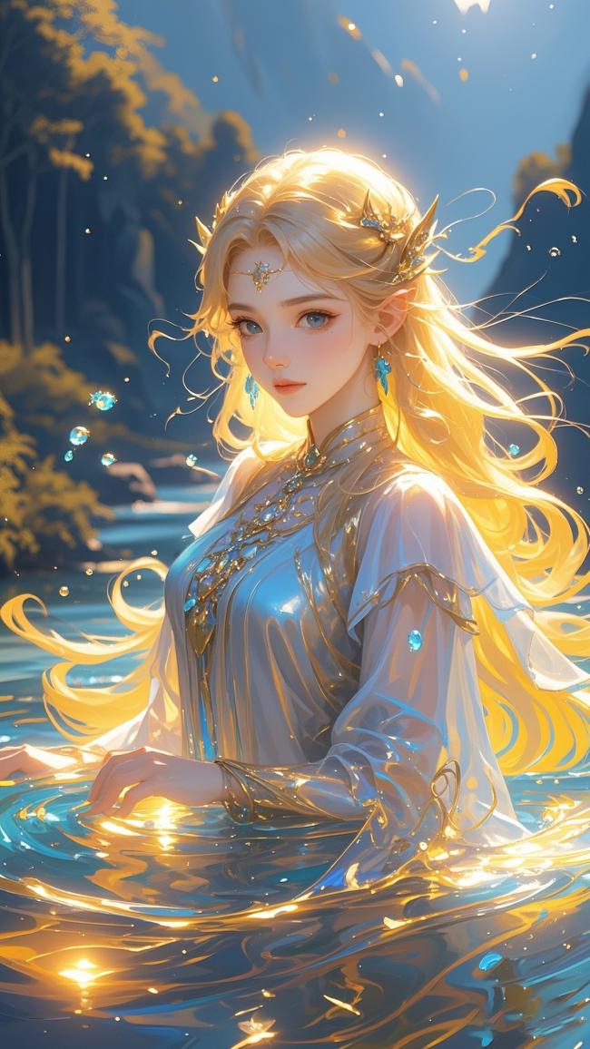 仙气精灵少女水中沐浴晨光图