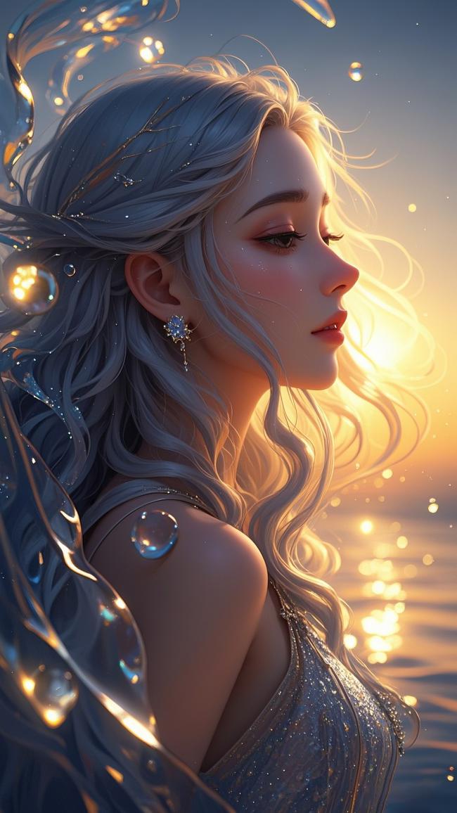 银发少女水下夕照写真