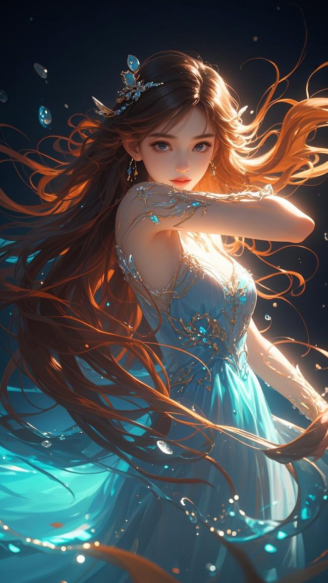 仙侠少女蓝裙飘逸水光梦幻图