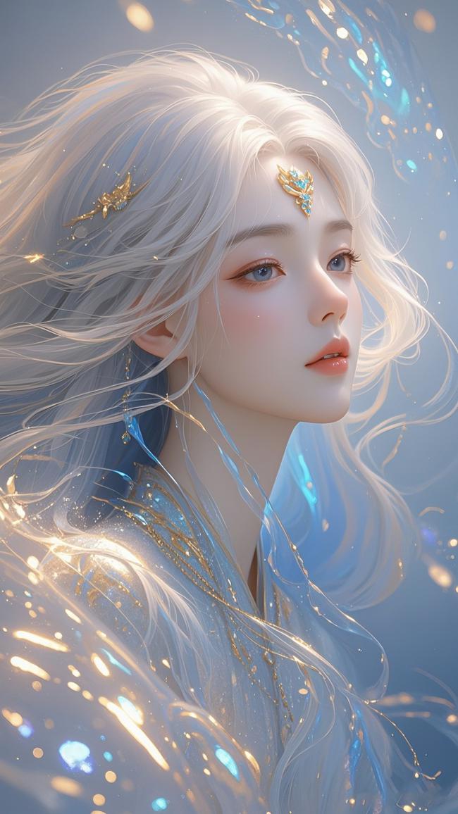 银发仙子水光环绕，仙侠玄幻风唯美肖像