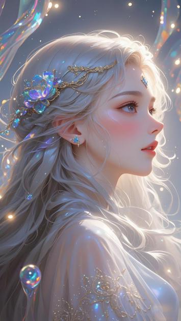 银发仙子侧颜幻想插画，梦幻光影流光溢彩