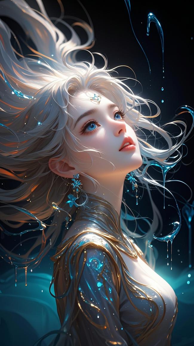 银发幻影少女：液态光影中的奇幻美学