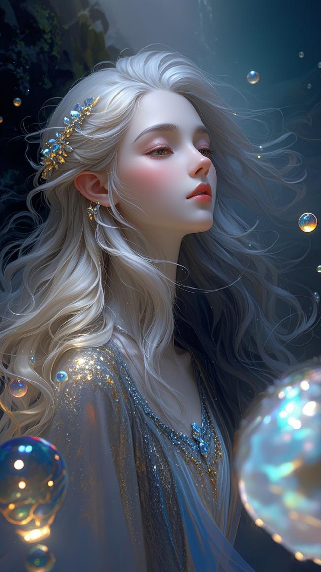 银发精灵少女水下肖像，梦幻光影交织