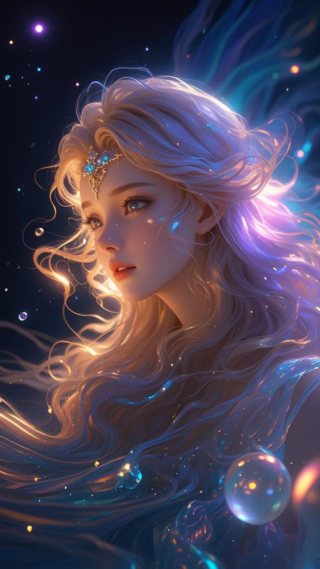 银发精灵少女·星空梦境插画