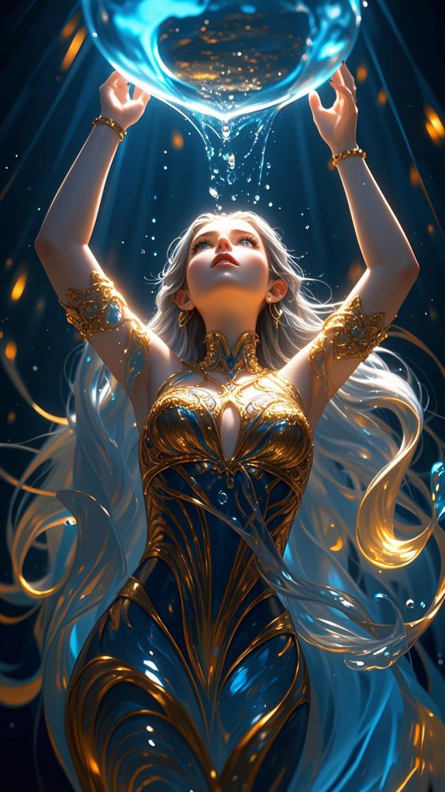 银发女神托举水球，星空下的奇幻神性瞬间