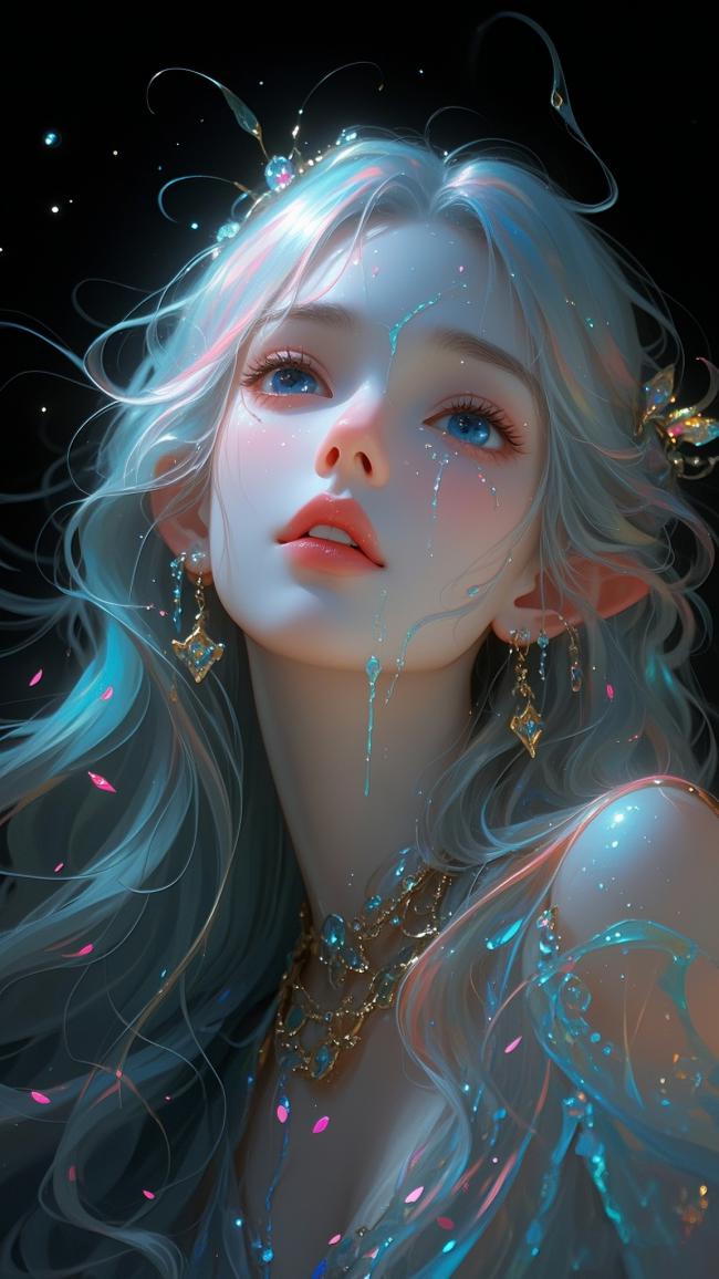 银发精灵少女泪洒星空，仙侠玄幻风唯美插画