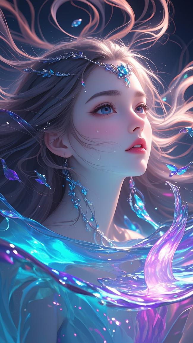 水之精灵：梦幻蓝发少女插画