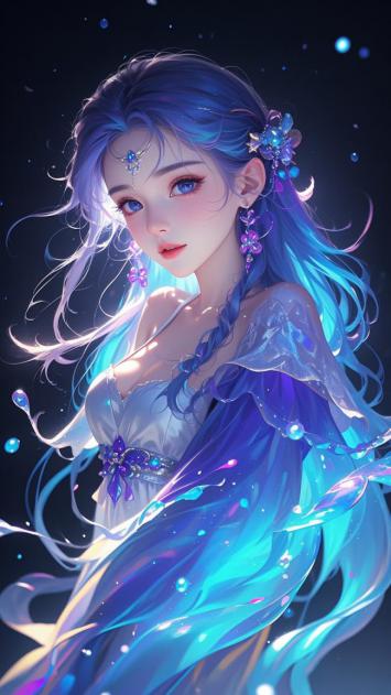 蓝发仙子飘逸如星河，仙侠玄幻风插画