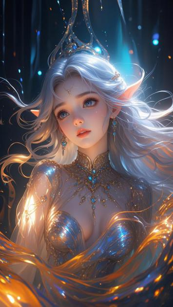 银发精灵女王：魔法光芒中的梦幻肖像