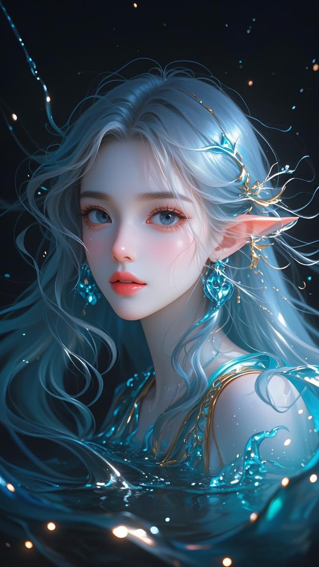蓝发精灵少女水中幻境肖像