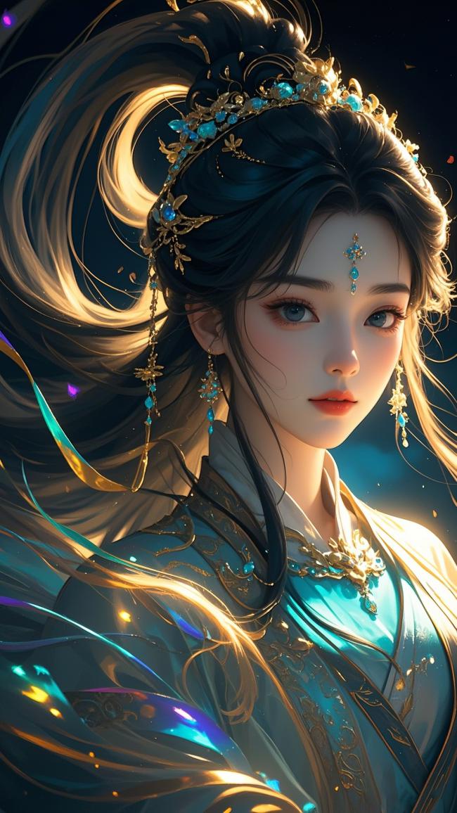 仙侠女神青蓝华裳，流光溢彩幻境图