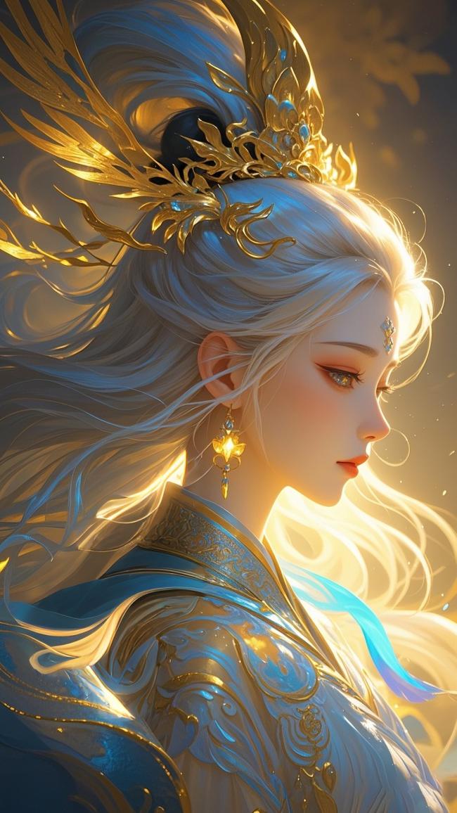 仙侠女神侧颜光影图，金冠华服耀神圣