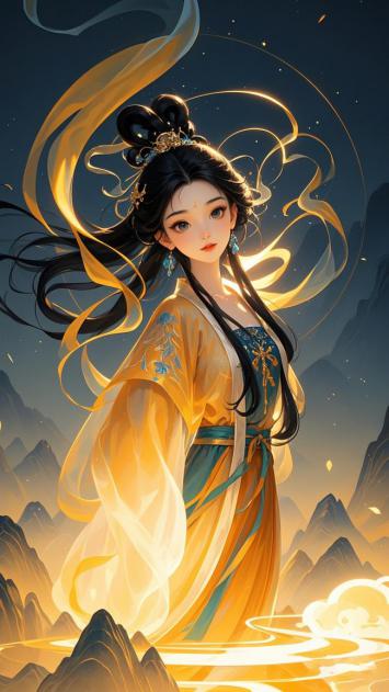 仙侠女神立云巅，金纱飞舞映山河