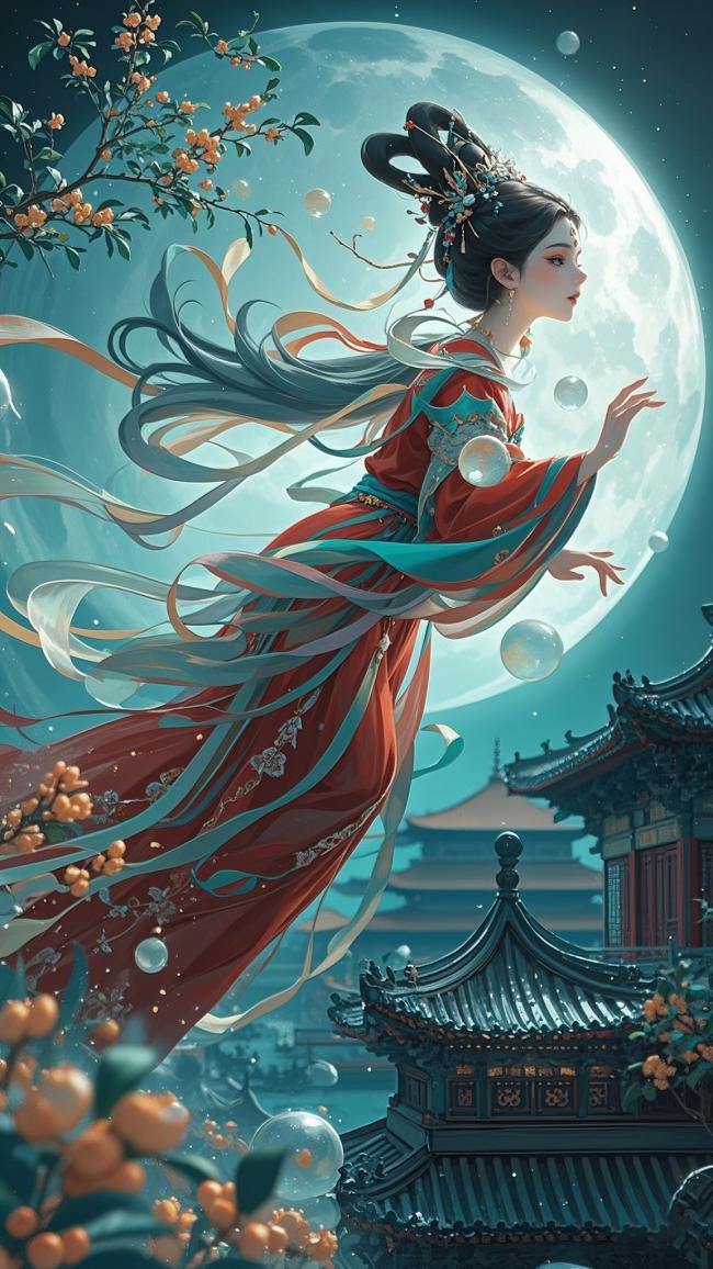 月下飞仙汉服飘逸图