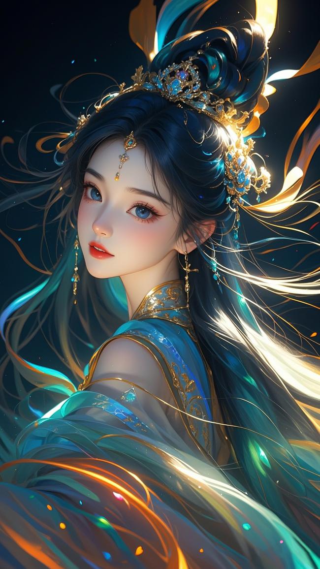 仙侠女神蓝金华服特写插画