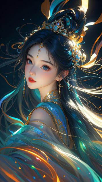 仙侠女神蓝金华服特写插画