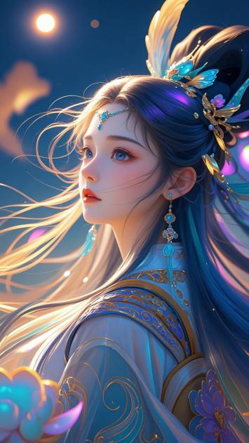 仙侠少女月下飞舞，蓝紫华服映月辉