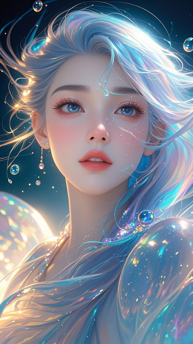 蓝发精灵少女梦幻泡泡肖像