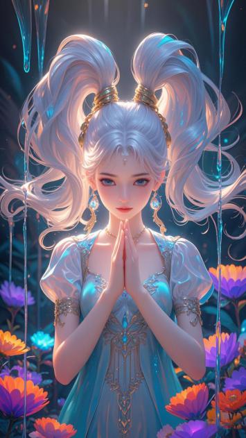 银发仙子合十祈愿，花海光影梦幻如画