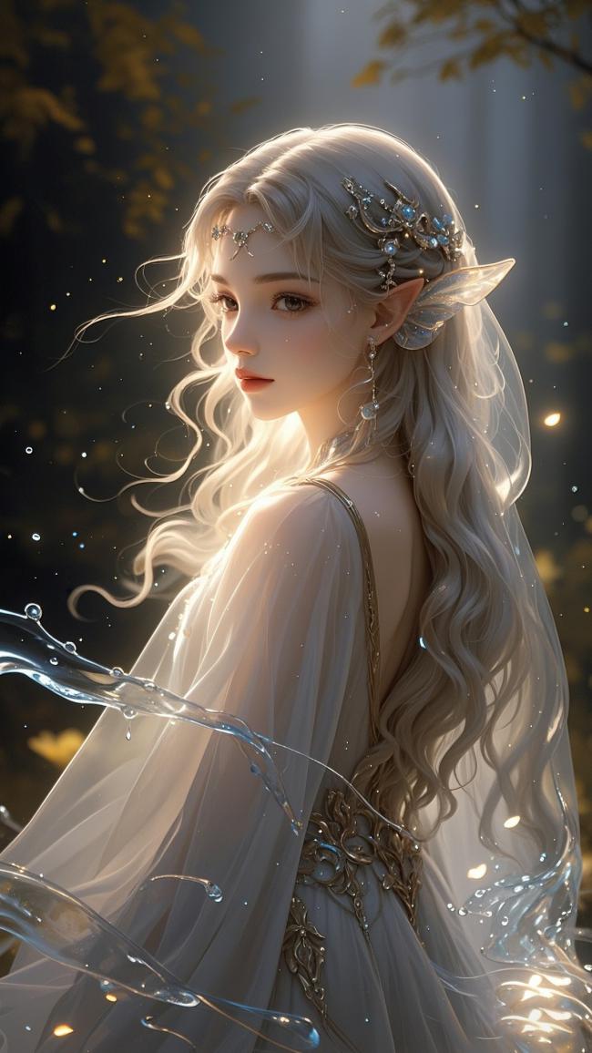 银发精灵少女森林光影写真