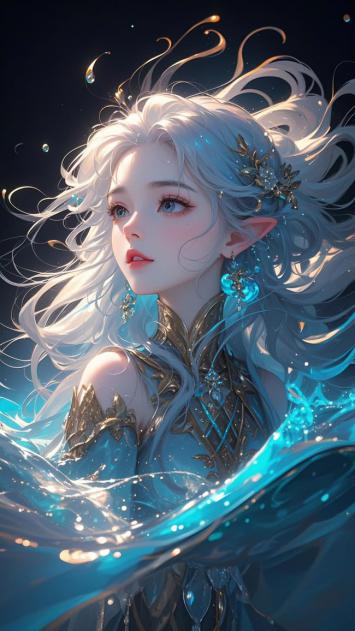 银发精灵少女水影幻境插画