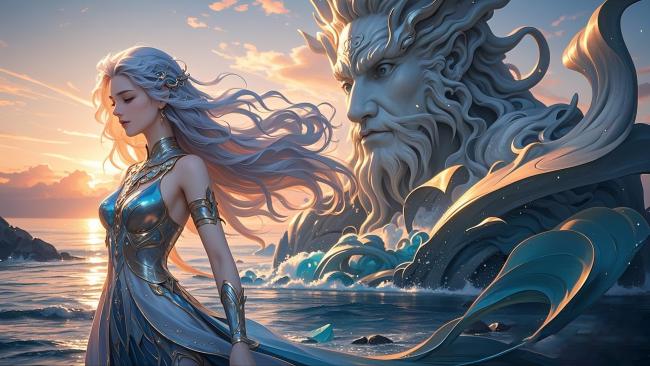 海神与女神的日落对峙 · 写实神话画卷