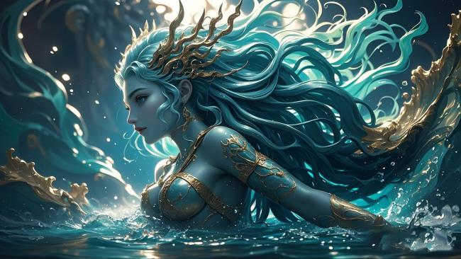 海之女神：蓝发鎏金的海洋幻境