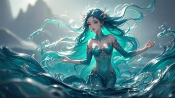 水神仙子立浪中，蓝发飞舞幻境美