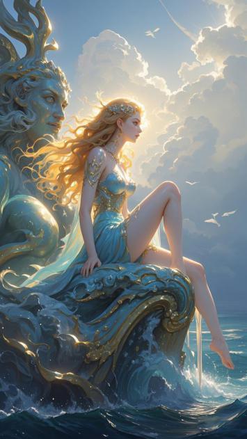 海神与女神共坐浪巅的奇幻神话图