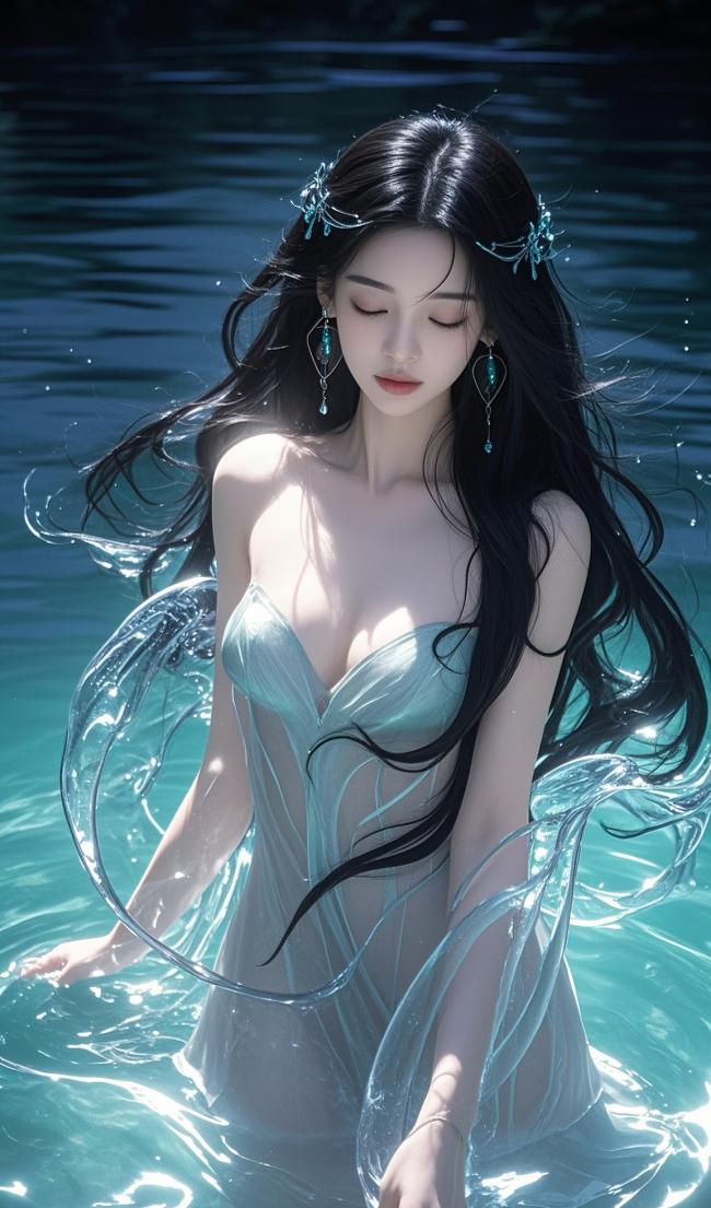 水下仙子闭目凝神，青纱飘逸如梦似幻