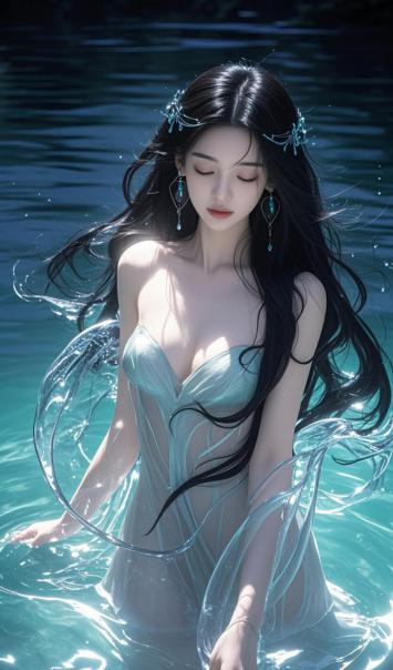 水下仙子闭目凝神，青纱飘逸如梦似幻
