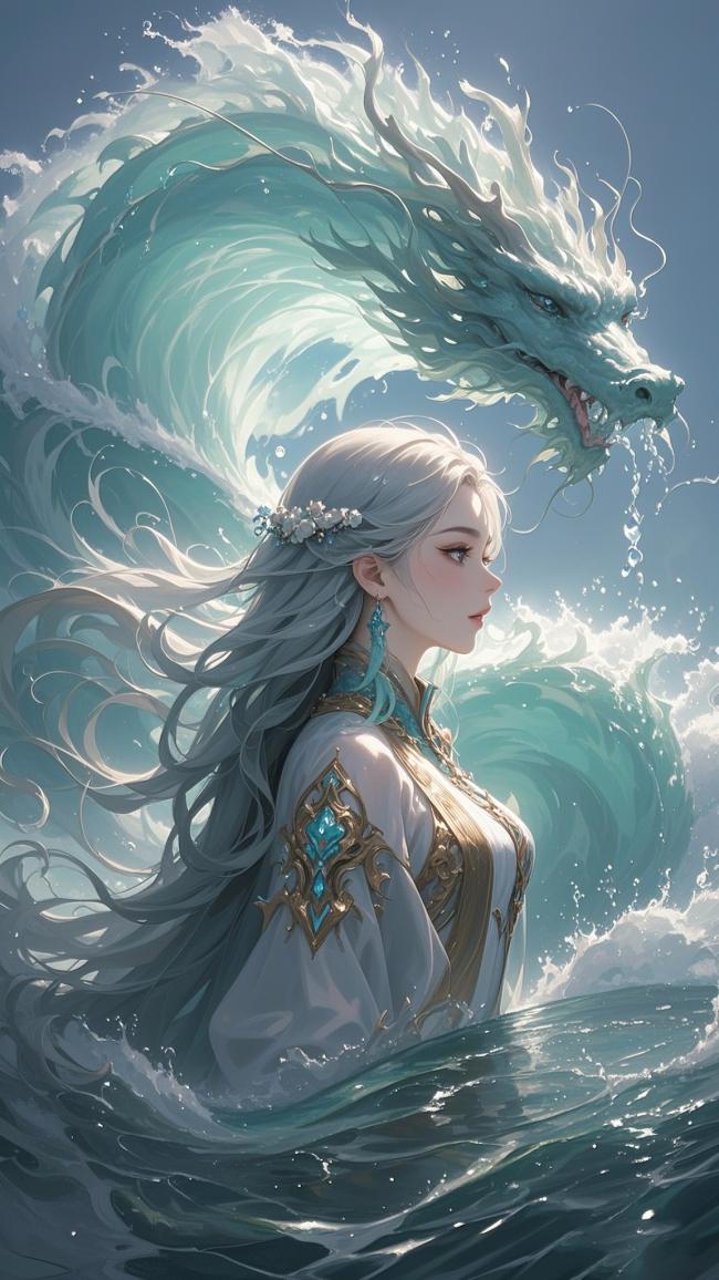 银发仙子与水龙共舞浪涛间