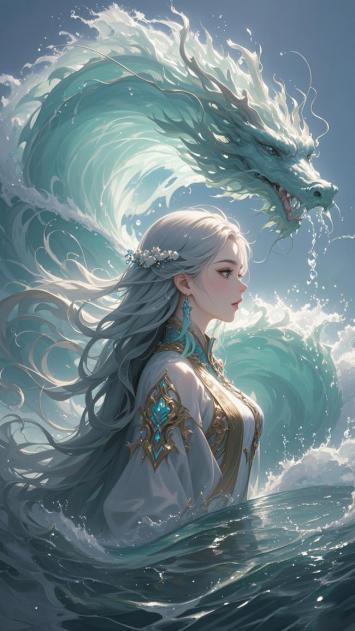 银发仙子与水龙共舞浪涛间