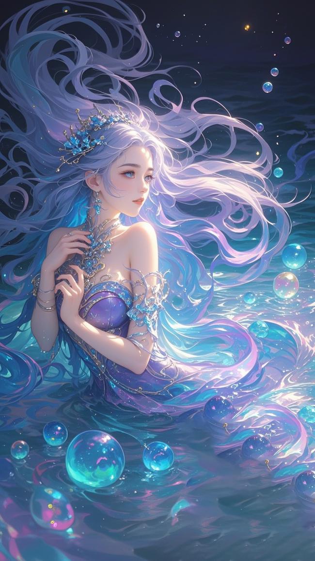 海洋女神梦幻插画，蓝紫光影中的魔法美人