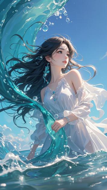 海浪中的少女动漫插画